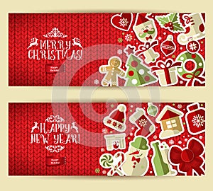 Christmas banner set on red knitting texture.