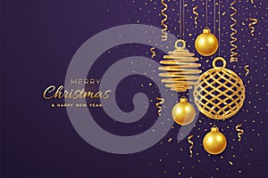 Christmas banner with shining hanging gold balls and with confetti on purple background. Greeting card with copyspace. New Year