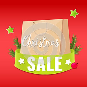 Christmas banner with shopper bag and ribbon. Holiday sale, discount flyer