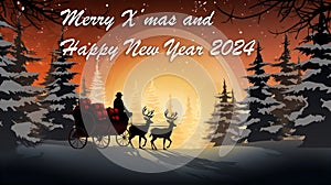 Christmas banner silhouette Santa Claus with carriage deer background with text illustrate by Generative AI