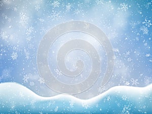 Christmas banner template with falling snow, clouds and snowdrift. Holiday decoration backdrop. EPS 10