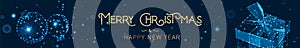 Christmas banner template. Polygonal Background Xmas design of gifts box, Christmas decorations and stars. Horizontal Christmas