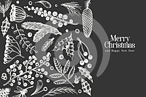 Christmas banner template. Vector hand drawn illustrations on chalk board. Greeting card design in retro style. Winter background