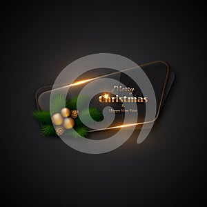 Christmas banner with transparent glass and glowing lights. Black background, decorative pine branches, gold balls, pine cones. M