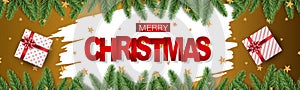 Christmas banner or website header. Merry Xmas and Happy New Year design for invitation or sale advertisement with fir tree branch
