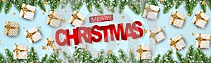 Christmas banner or website header. Merry Xmas and Happy New Year design for invitation or sale advertisement with fir tree branch