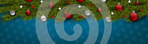 Christmas banner. Website long header with fir tree branches and glass balls over blue background. Winter season design concept