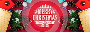 Christmas banner with wishes, a beautiful option for the site, layout, top view, ribbons and gift wrapping
