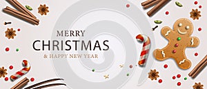 Christmas banner. Xmas design of realistic sweet edible objects, gingerbread man, red candy cane, star anise and