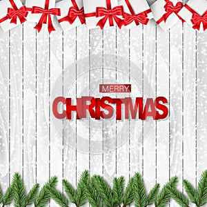 Christmas banner. Xmas green fir tree branches on wooden background with falling snow and white presents with red bows