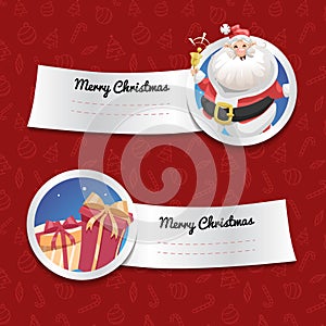 Christmas banners on red background with christmas symbols. Laughing Santa Claus with bell and gift boxes.