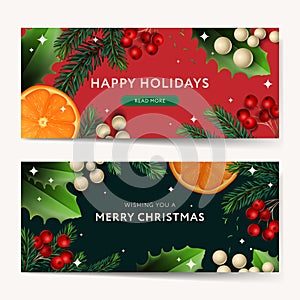Christmas banners set with fir branches decorated with beads, red berries, mistletoe and slice oranges. Festive frames