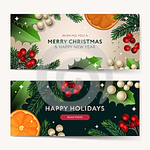 Christmas banners set with fir branches decorated with beads, red berries, mistletoe and slice oranges. Festive frames