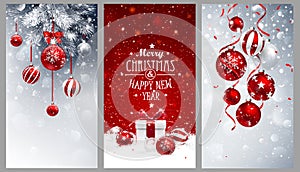 Christmas Banners Set with Fir Branches, Red Balls and Gifts
