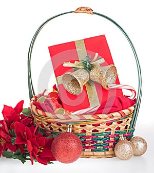 Christmas basket with present on a white background