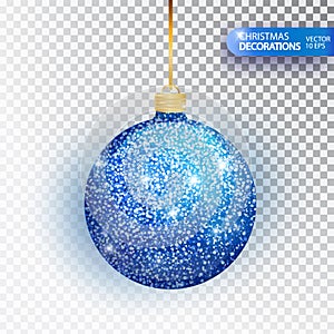 Christmas bauble blue glitter isolated on white. Sparkling glitter texture bal, holiday decoration. Stocking Christmas