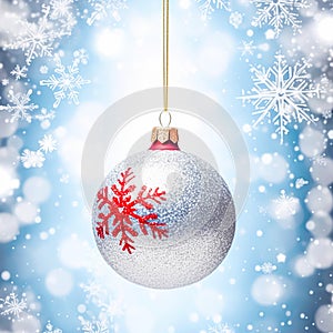 Christmas bauble on a snowy winter background, Merry Christmas and Happy Holidays wishes, generative ai