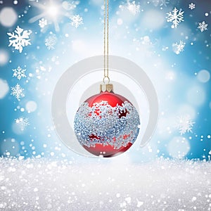 Christmas bauble on a snowy winter background, Merry Christmas and Happy Holidays wishes, generative ai