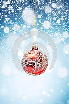 Christmas bauble on a snowy winter background, Merry Christmas and Happy Holidays wishes, generative ai