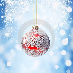 Christmas bauble on a snowy winter background, Merry Christmas and Happy Holidays wishes, generative ai