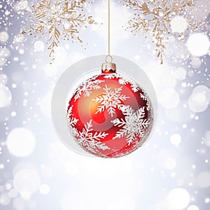 Christmas bauble on a snowy winter background, Merry Christmas and Happy Holidays wishes, generative ai