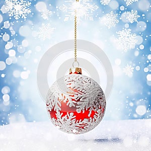 Christmas bauble on a snowy winter background, Merry Christmas and Happy Holidays wishes, generative ai