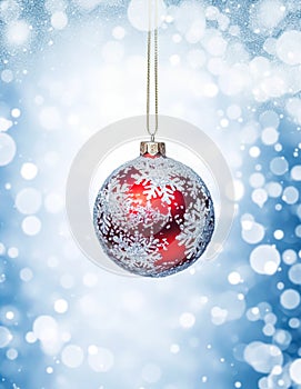 Christmas bauble on a snowy winter background, Merry Christmas and Happy Holidays wishes, generative ai