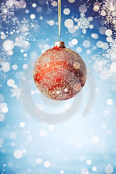 Christmas bauble on a snowy winter background, Merry Christmas and Happy Holidays wishes, generative ai