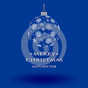 Christmas bauble vector with snowflakes on blue background. Christmas ornament or ball with merry Christmas and happy new year tex