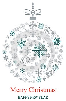 Christmas bauble vector with snowflakes, silver hanger and Christmas greetings on white background.