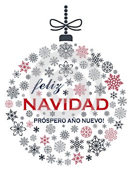 Christmas bauble vector with snowflakes and spanish christmas greetings on white background.