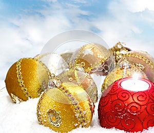 Christmas bauble on white snow background