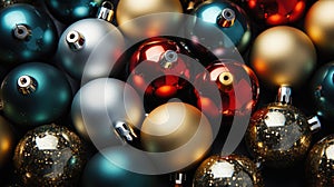 Christmas baubles background. Close up of colorful christmas balls .