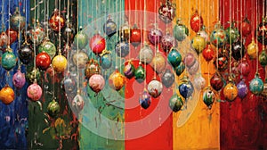 Christmas baubles background painted on wall. Artistic style with vibrant paint colors