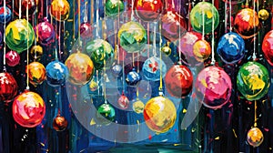 Christmas baubles background painted on wall. Artistic style with vibrant paint colors