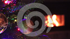 Christmas Baubles on Christmas Tree with lights