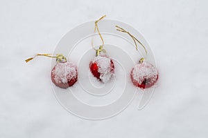 Christmas baubles covered with snow