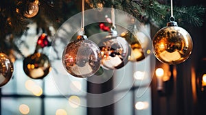 Christmas Baubles Decoration Close-up background. Festively Decorated with hanging bright balls on blurred sparkling