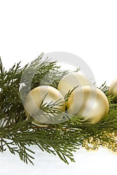 Christmas baubles and evergree