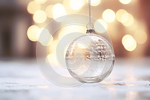 christmas baubles hanging from a string on a snowy background