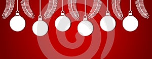 Christmas baubles hanging white ornaments on red background