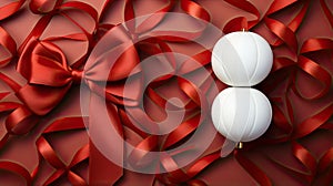 Christmas baubles with red ribbons on red background