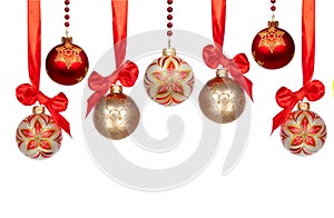 Christmas baubles with ribbon isolated on white