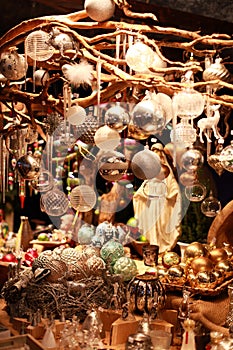 Christmas baubles on a stall at a Christmas Market