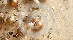 Christmas baubles with star shaped glitter and snow. Copy space