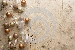 Christmas baubles with star shaped glitter and snow. Copy space