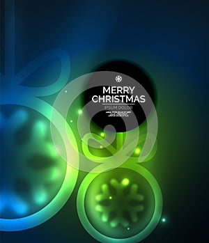 Christmas baubles, vector magic dark background with glowing New Year spheres