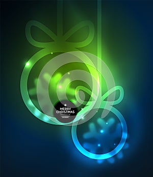 Christmas baubles, vector magic dark background with glowing New Year spheres