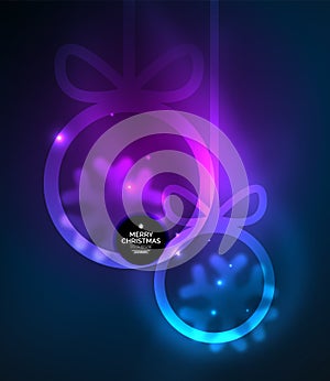 Christmas baubles, vector magic dark background with glowing New Year spheres