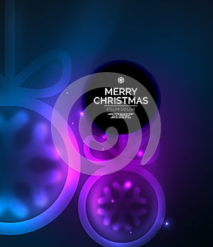 Christmas baubles, vector magic dark background with glowing New Year spheres